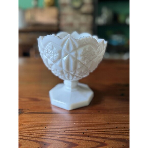 Vintage Kemple Toltec Pattern Milk Glass Oval Pedestal Scalloped Edge Bowl Wowza - Picture 4 of 11